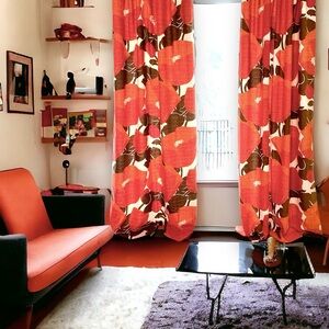 Set of 2 Vintage 60’s Graphic Poppy Curtain Panels in Red/Orange & Brown